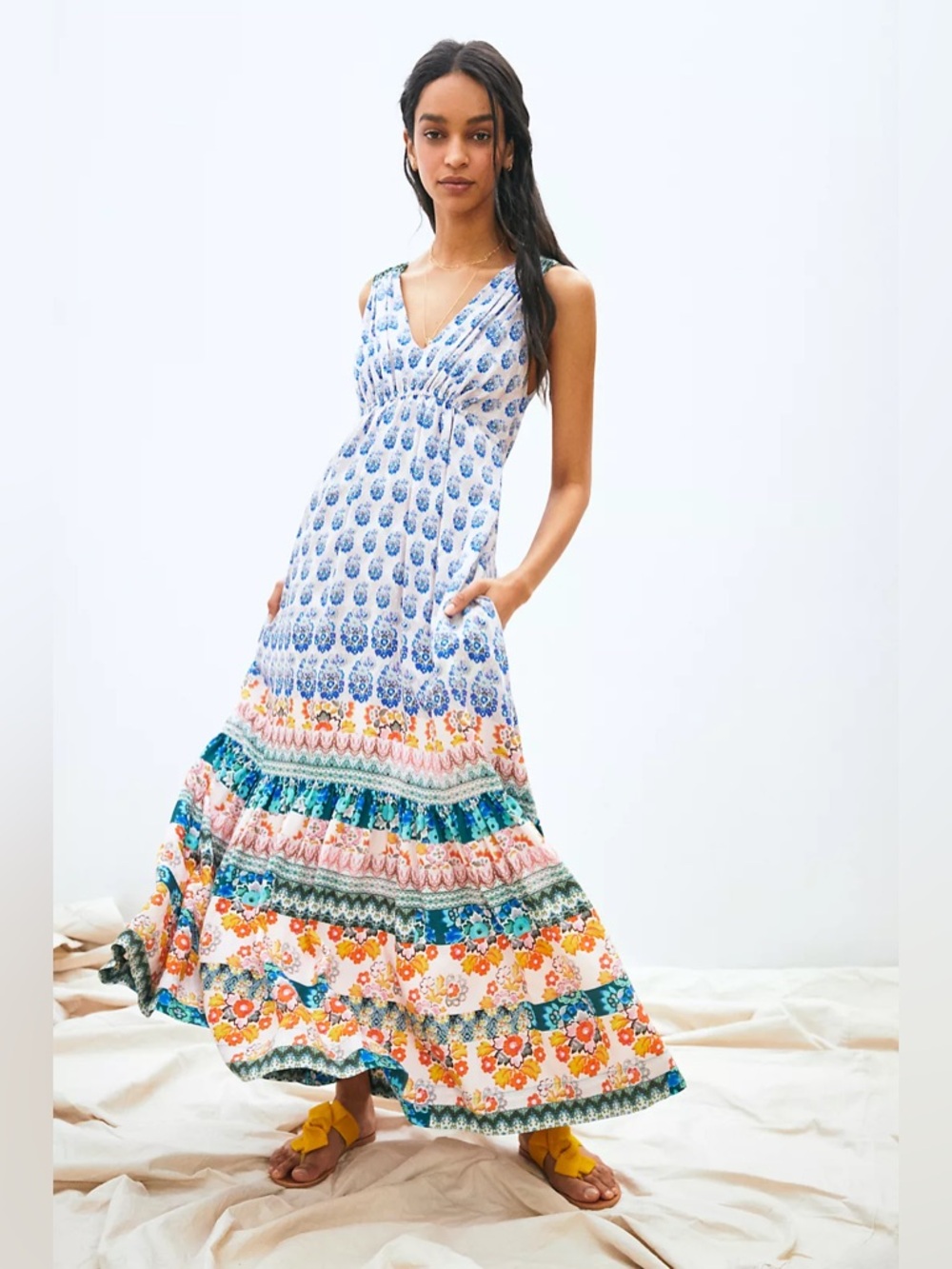 Anthropologie SM smocked waist maxi dress floral boho coastal vacation cottage